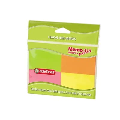 BLOCO DE RECADO AUTOADESIVO COM 4UN 38X51MM 50 FLS ADELBRAS