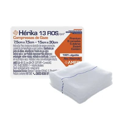 COMPRESSA DE GAZE ESTÉRIL COM FIO RADIOPACO HÉRIKA 13 FIOS 7,5X7,5 20UN AMED