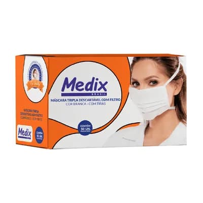 MÁSCARA DESCARTÁVEL BRANCA TRIPLA COM TIRAS 50UN MEDIX