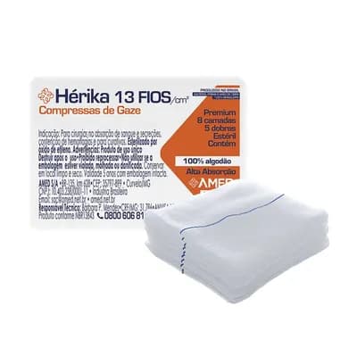 COMPRESSA DE GAZE ESTÉRIL COM FIO RADIOPACO HÉRIKA 13 FIOS 7,5X7,5CM 5UN AMED