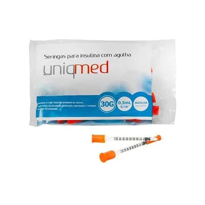 Seringa para Insulina com Agulha Estéril 0,5ml 30g da Uniqmed - Pacote 10 Unidades