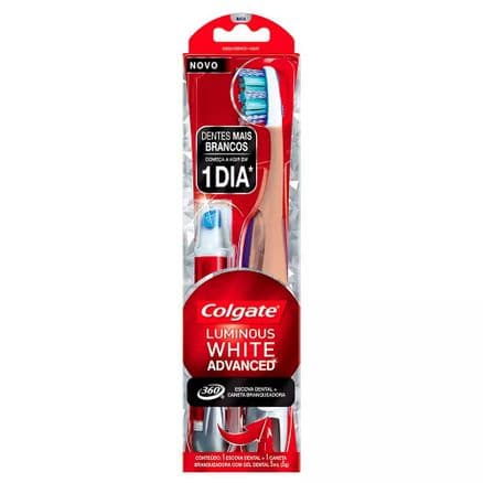 Escova Dental Colgate 360º + Caneta Branqueadora Luminous White Advanced Macia Cores Sortidas - Portal do Médico