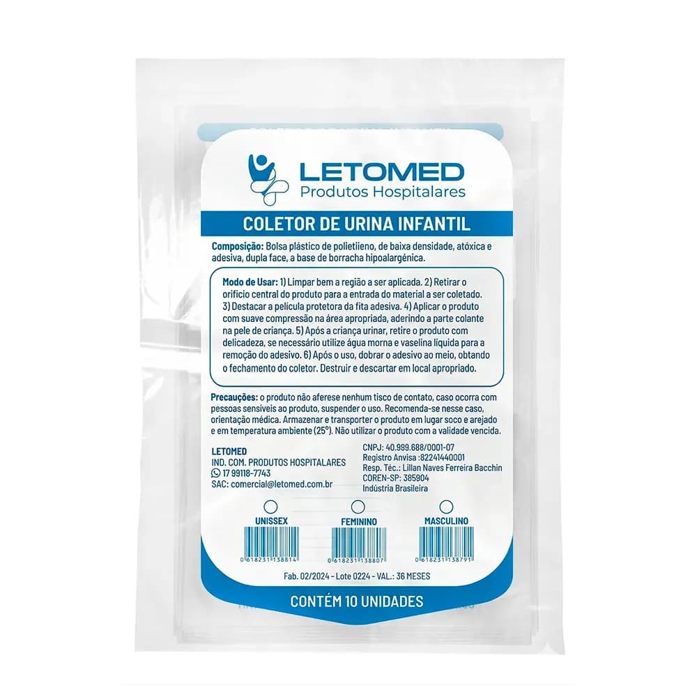 COLETOR DE URINA INFANTIL FEMININO 100ML 10UN LETOMED
