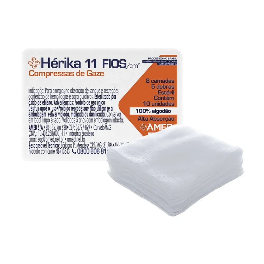 COMPRESSA DE GAZE ESTÉRIL HÉRIKA 11 FIOS 10X10CM 10UN AMED