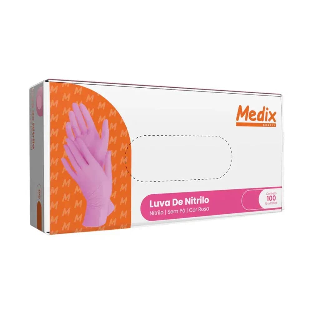 Luva Nitrílica Rosa sem pó com 100 Unidades - Medix