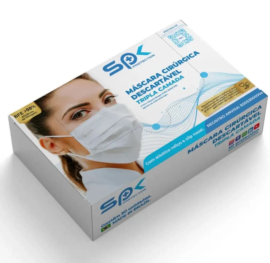 Máscara Descartável Tripla com Clipe Nasal Branca Com 50 Unidades - SP Protection