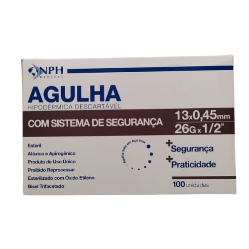 Agulha Descartável Com Sistema De Segurança 13X0,45mm Caixa Com 100 Unidades NPH