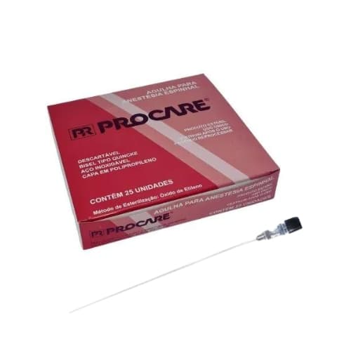 Agulha para Anestesia Espinhal Raquidiana Ponta Quincke 22G X 3 1,2 POL Com 25 Unidades Procare