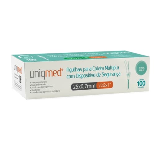 Agulha para Coleta Multipla Segurança 25mm X 0,7mm (22G X 1 POL.) - 100 unidades - Uniqmed