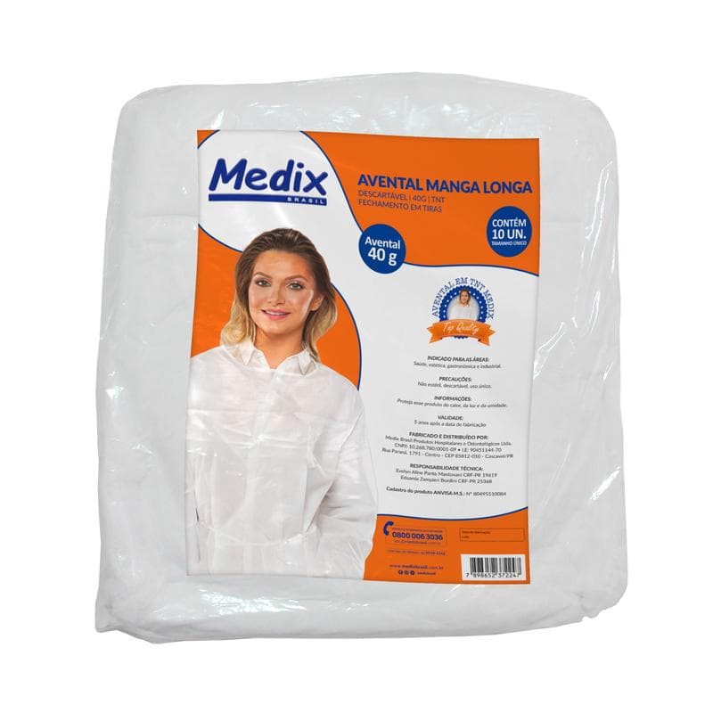 Avental Branco Manga Longa 40gr - 10 Unidades - Medix