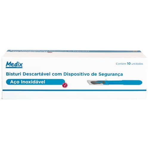 Bisturi Descartável Com Dispositivo de Segurança N°10 Lâmina de Aço Inoxidável - 10 Unidades - Medix