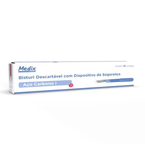 Bisturi Descartável Com Dispositivo de Segurança N°12 Lâmina de Aço de Carbono - 10 Unidades - Medix