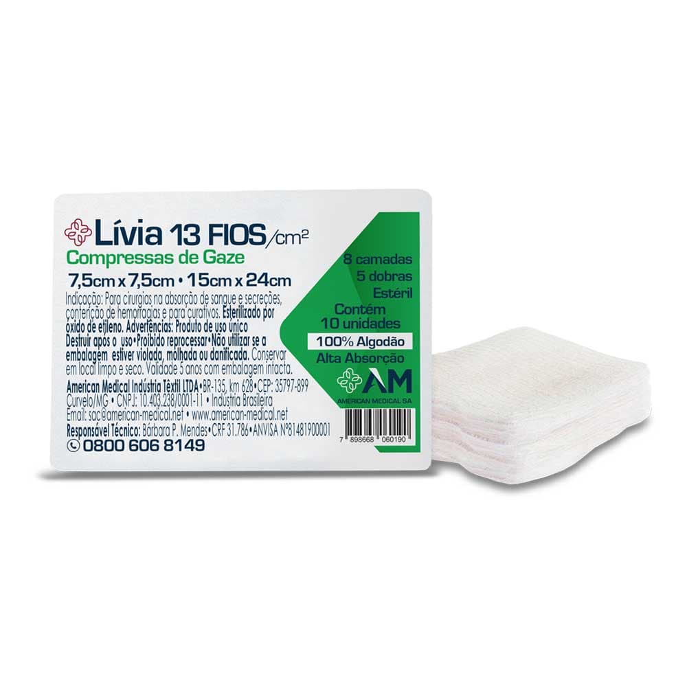 Compressa de Gaze 13 Fios Estéril 7,5 X 7,5 - Livia - Pacote com 10 - Amed S/A