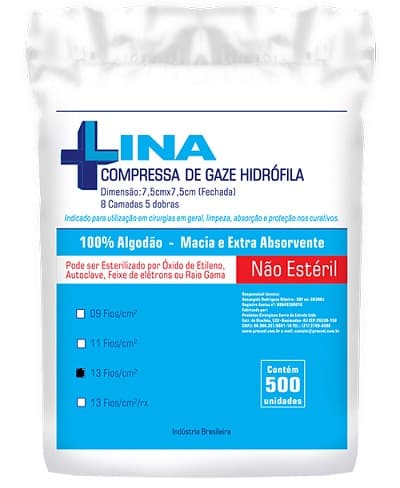 Compressa de Gaze 13 Fios Não Estéril 7,5 X 7,5 - 500 Unidades - Lina