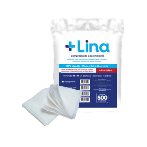 Compressa De Gaze 9 Fios Não Estéril 7,5 X 7,5 Pacote Com 500 Unidades - Lina