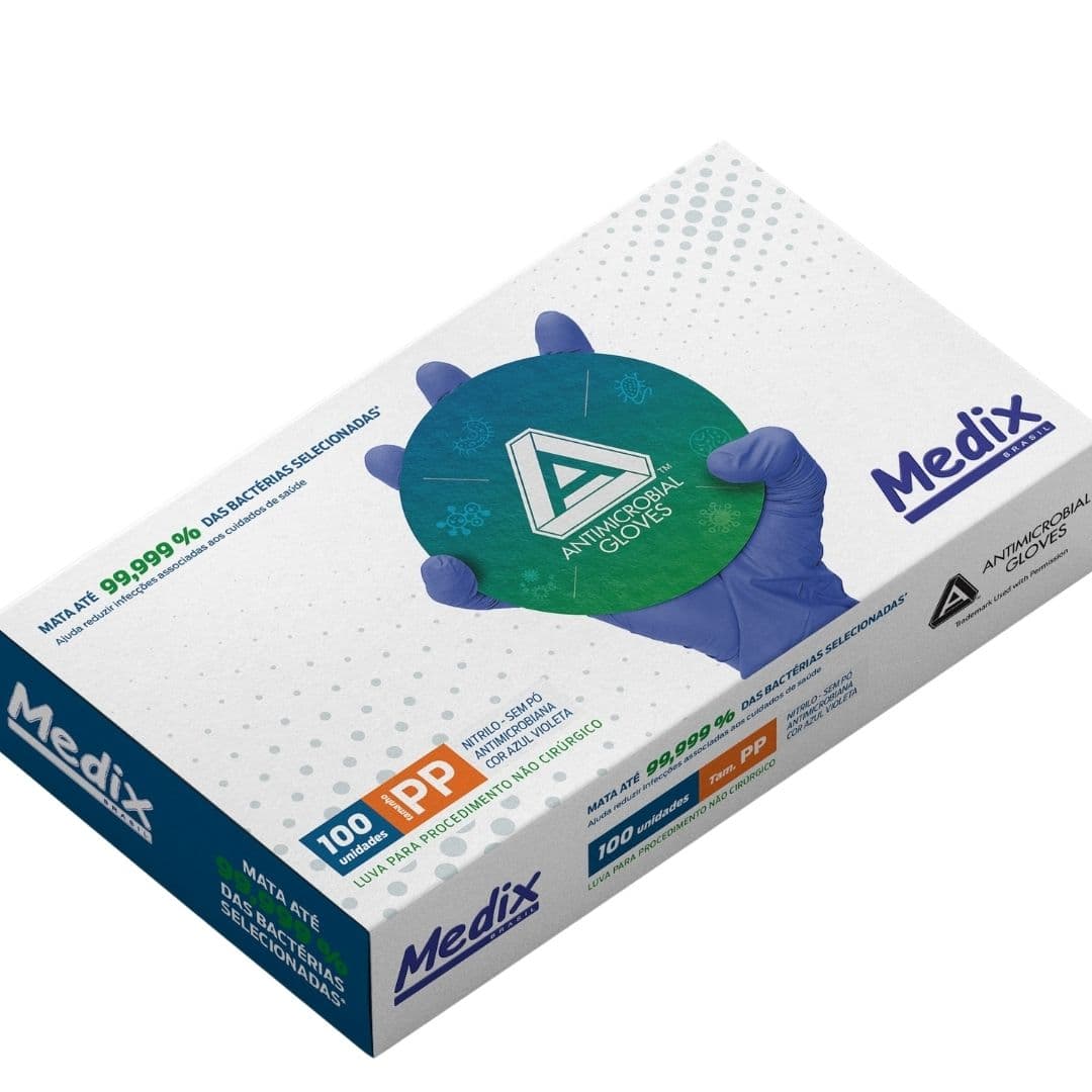 Luva Nitrilica Antimicrobiana AMG Sem Pó Tamanho PP com 100 Unidades Medix
