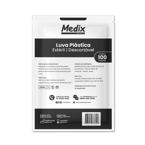 Luva Plástica Estéril Embalada Individualmente - 100 Unidades - Medix