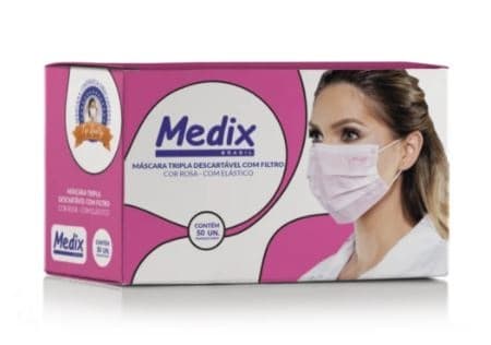 Máscara Descartável Tripla com Elástico Rosa Com 50 Unidades Medix