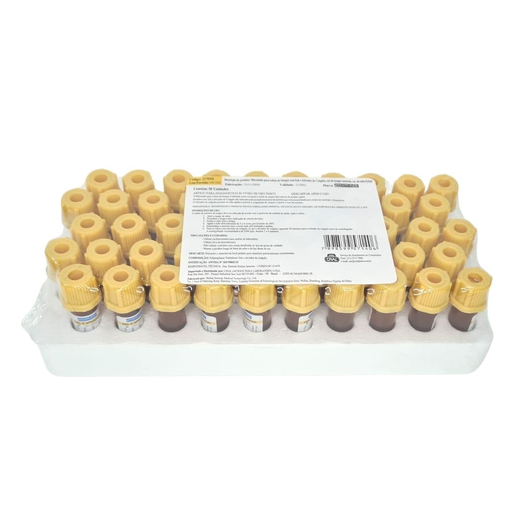 Microtubo Para Coleta de Sangue Com Gel e Ativador de Coágulo 500ui Com 50 Unidades Vacuplast