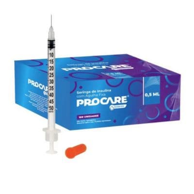 Seringa Descartável para Insulina 0,5ml Com Agulha Fixa 6X0,25mm 31Gx15/64 Com 100 Unidades Procare