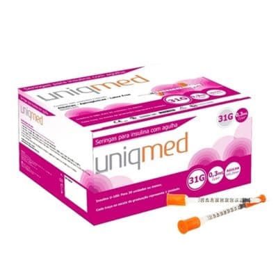 Seringa Descartável Para Insulina 0,3ml 31G Com Agulha 6mm X 0,25mm Com 100 Unidades Uniqmed