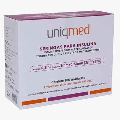 Seringa Para Insulina 0,3ml 32G com Agulha 5mm X 0,23mm com 100 Unidades Uniqmed