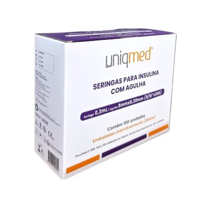 Seringa Descartável para Insulina Polybag 0,3ml 30G com Agulha 8mm X 0,30mm Caixa com 100 Unidades
