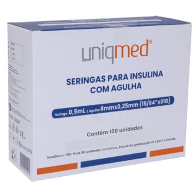 Seringa Para Insulina 0,5ml - 31Gx15/64 Com Agulha 6mm X 0,25mm com 100 unidades Uniqmed