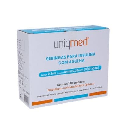 Seringa Descartável Para Insulina 0,5ml 30G Com Agulha 8mm X 0,30mm Com 100 Unidades Uniqmed