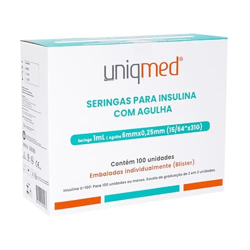 Seringa Para Insulina 1ml 31G Polybag com Agulha 6mm X 0,25mm com 100 Unidades