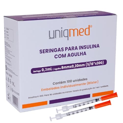 Seringa para Insulina com Agulha 0,3ml 8mm X 0,30mm Blister (5/16x30G) - Uniqmed