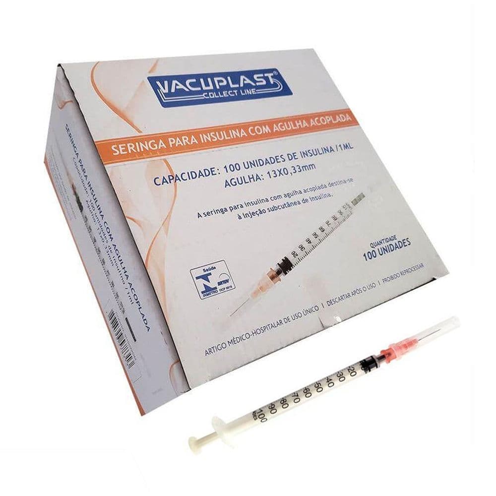 Seringa Descartável para Insulina Com Agulha 13 X 0,33mm Com 100 Unidades Vacuplast