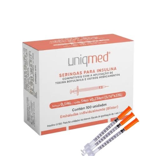Seringas para Insulina 0,5mL com Agulha 5mm x 0,23mm (3/16 x 32G) - 100 Unidades - Uniqmed