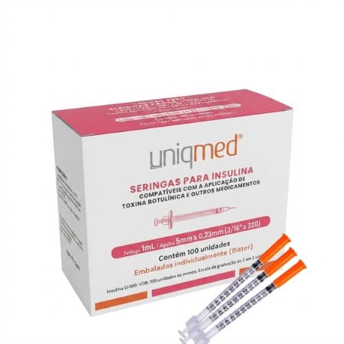 Seringas para Insulina 1mL com Agulha 5mm x 0,23mm (3/16 x 32G) - 100 Unidades - Uniqmed