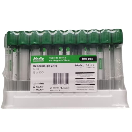 Tubo De Coleta De Sangue Heparina De Litio 6.0ml 13 x 100 Tampa Verde Com 100 Unidades Medix