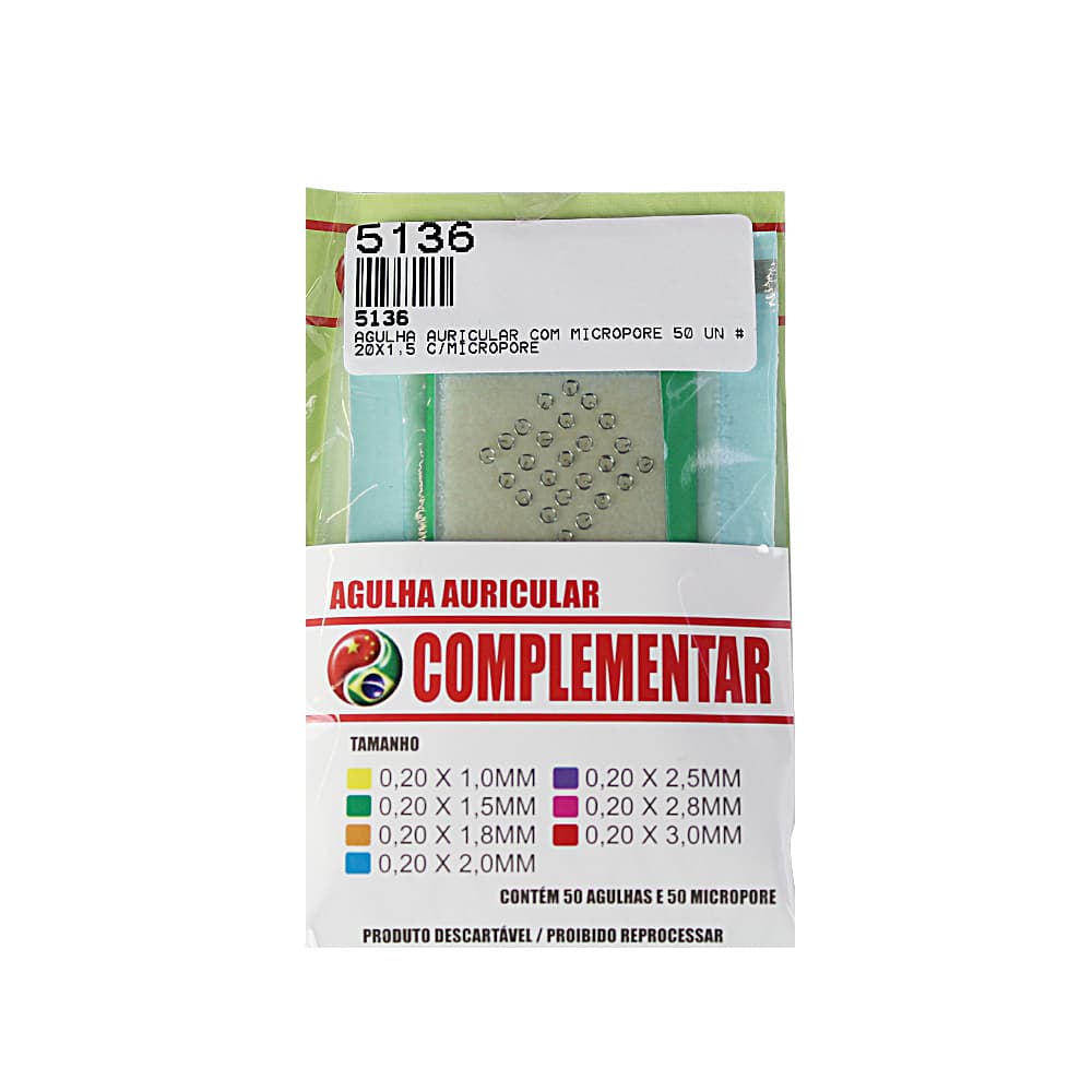 Agulha Auricular Com Micropore Com 50 Unidades Complementar (0,20x1,5mm)