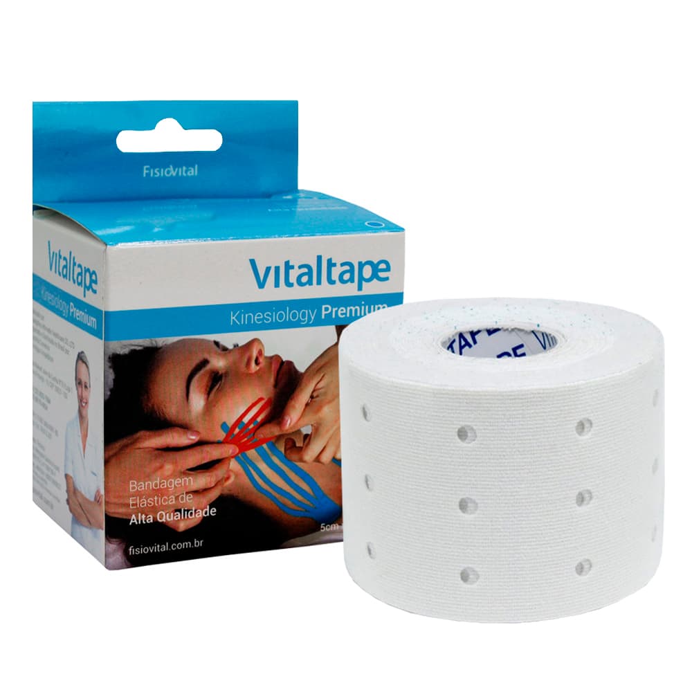 Fita Kinesio Premium Bandagem Elástica 5mx5cm Vitaltape (Branco-C/Furos)
