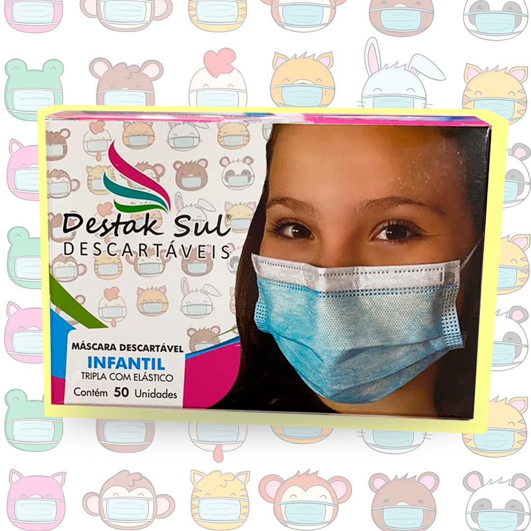 MÁSCARA DESCARTÁVEL INFANTIL AZUL C/ ELAST CX C/ 50 UN - Portal do Médico