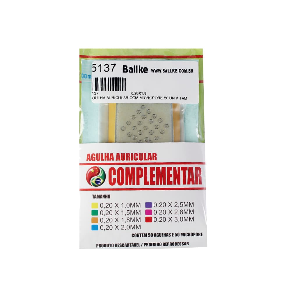 Agulha Auricular Com Micropore Com 50 Unidades Complementar (0,20x1,8mm)