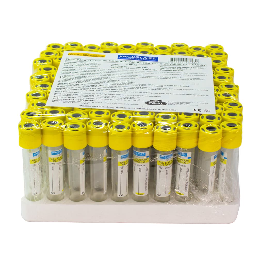 Tubo Coleta Sangue Vácuo C/100 Un Cralplast (13x100mm-5ml-Ativ.Coagulo) - Portal do Médico