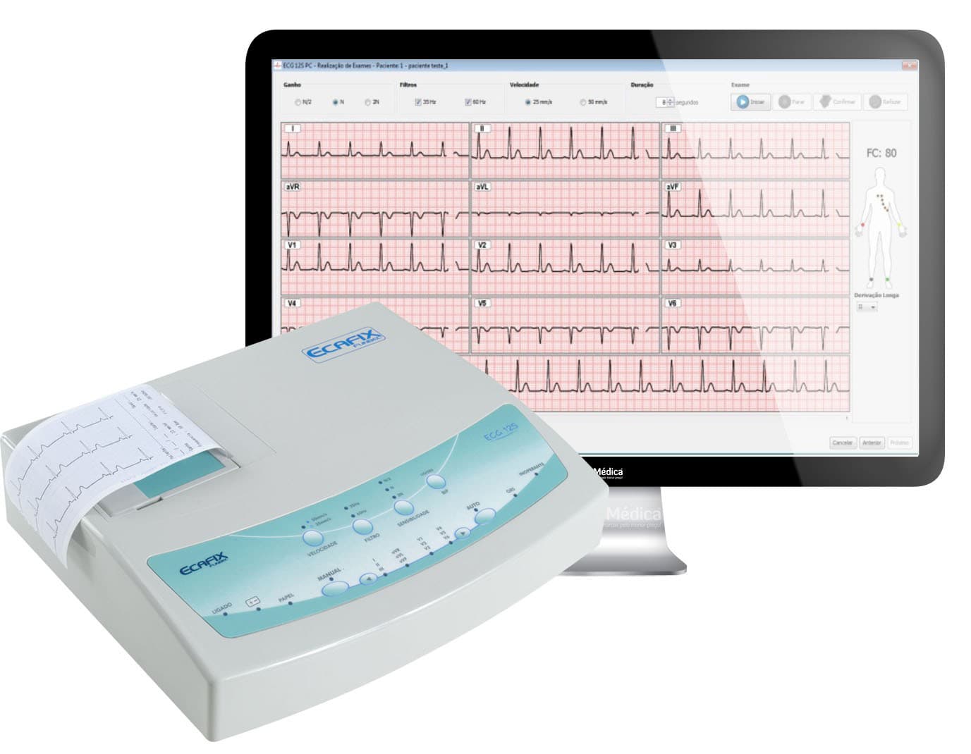 Eletrocardiógrafo Portátil Modelo ECG12S PC com Impressora Térmica